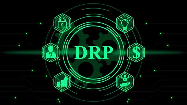 DRP acronym in glowing green digital interface with icons