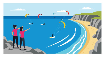 Obraz premium Two women observe kitesurfers and windsurfers on a bright sunny beach