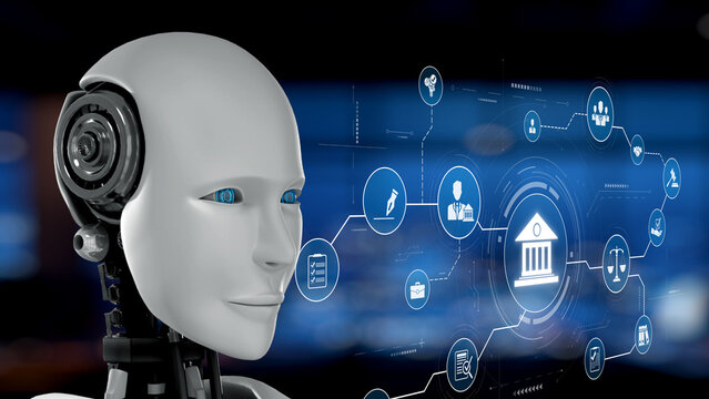 A humanoid AI robot with blue eyes is positioned in a virtual environment, displaying a digital interface filled with icons representing banking and technology innovations. Synapse