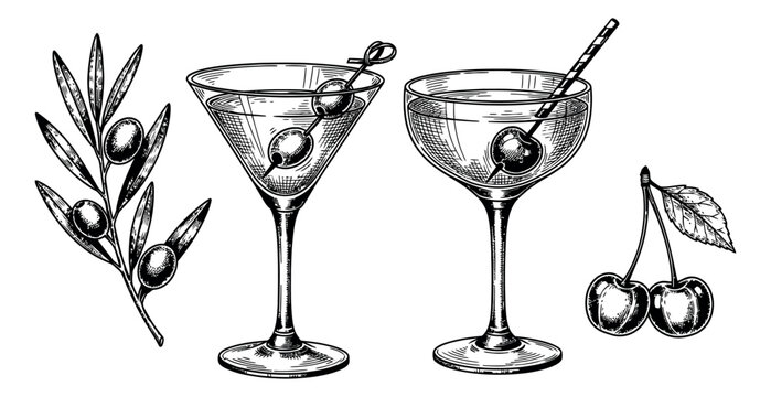 Hand drawn line art cocktail and garnish set featuring martini and coupe glasses with olive branch and cherries for bar menu design