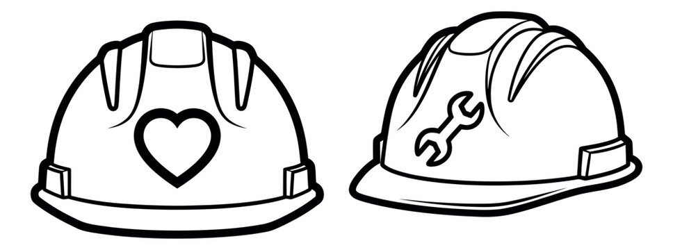 Hand drawn line art hard hat set featuring a heart and a wrench symbol for construction and safety concepts