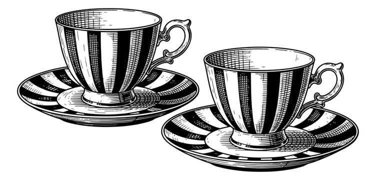 Vintage line art teacup set featuring striped cups and saucers for beverage and cafe designs