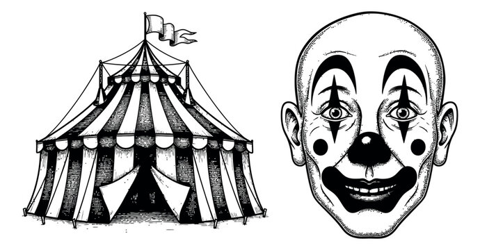 Hand drawn line art circus set featuring a striped big top tent and a creepy clown head for carnival entertainment