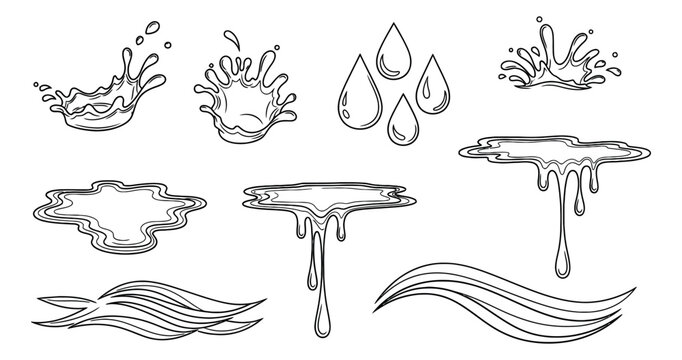 Hand drawn line art water elements set featuring splashes, drops, puddles, and waves for various liquid concepts