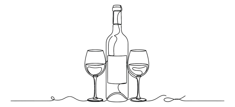 Hand drawn continuous line art wine set featuring a bottle and two glasses for beverage and celebration designs