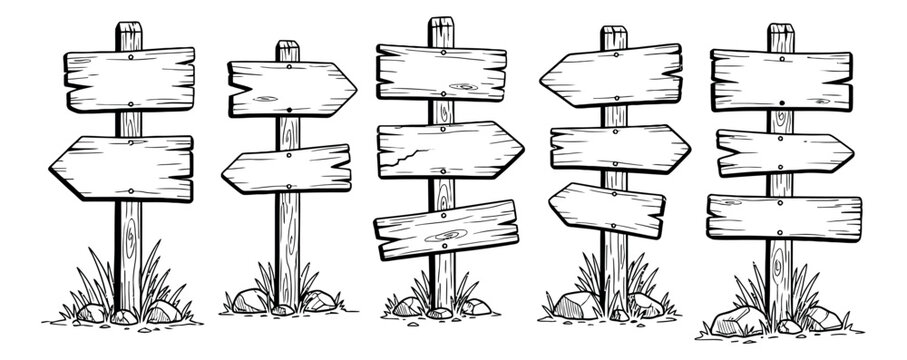 Hand drawn line art wooden signpost set featuring rustic plank and arrow signs for outdoor navigation