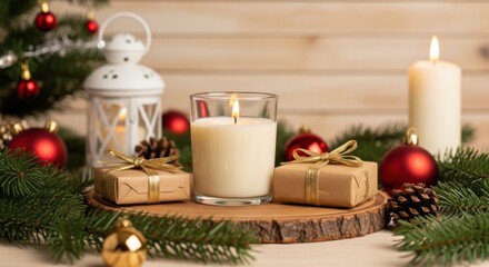 Festive Christmas scene with candles, ornaments, and gifts.