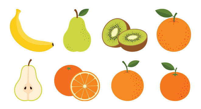 Colorful assortment of fresh fruits including bananas pears kiwi and oranges