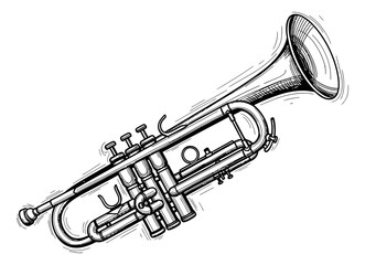 Naklejka premium Hand drawn line art illustration of a trumpet depicting a brass musical instrument for music related designs
