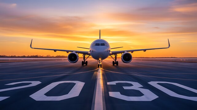 Airplane preparing for takeoff at sunset