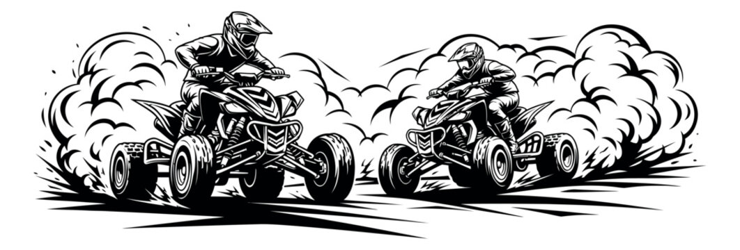 Monochrome line art off-road racing set featuring two ATV riders kicking up dust for extreme sports branding