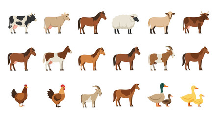 A collection of colorful farm animal illustrations in a flat style