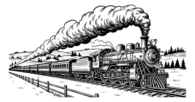 Vintage line art illustration of a steam train depicting a locomotive and passenger cars moving through a rural landscape for transportation and travel projects