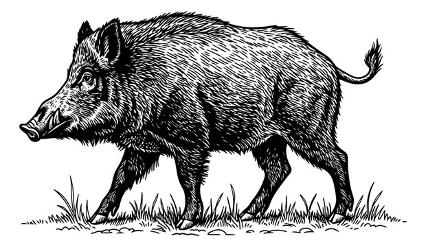 Hand drawn line art illustration of a wild boar depicting it walking for wildlife concepts