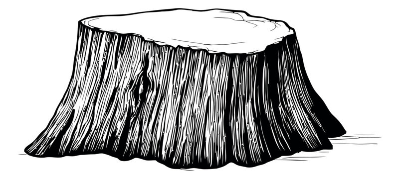 Hand drawn line art illustration of a tree stump depicting wood texture for nature concepts