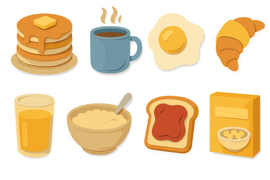 Breakfast food flat icons set. featuring pancakes, coffee, eggs, croissant, juice, cereal, toast, and cereal box