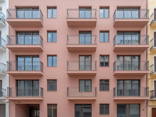 Fototapeta premium Modern pink apartment building with balconies