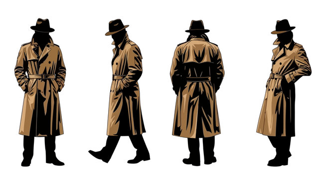 Four figures wearing trench coats shown from different perspectives