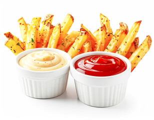 Spicy fries with dipping sauces, white background. AI