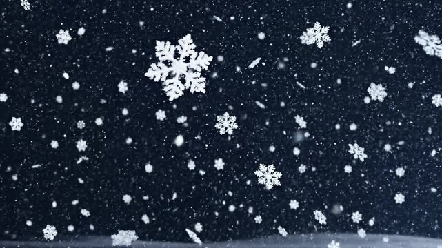 Snowflakes gently falling on a dark winter background, showcasing intricate patterns and delicate beauty of snowfall in a serene atmosphere.
