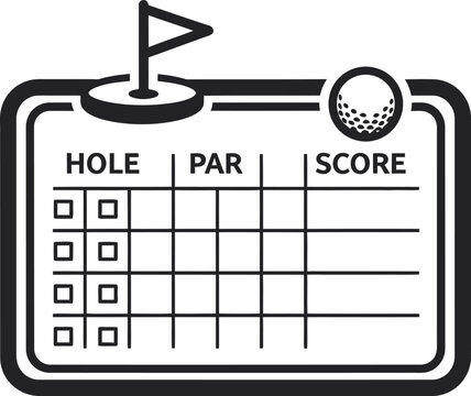 Professional black silhouette vector of a golf scorecard featuring a hole, par, and score table, topped with a flag and golf ball icon. Perfect for tournament tracking, club branding, sports graphics.