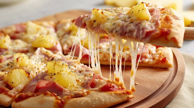 Close-up food photograph of a freshly baked pizza topped with melted cheese, diced pineapple, ham, tomato sauce, and herbs. A slice is being lifted from the pizza, 