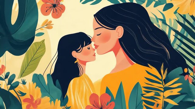 of a mother kissing her daughter in a vibrant jungle setting.