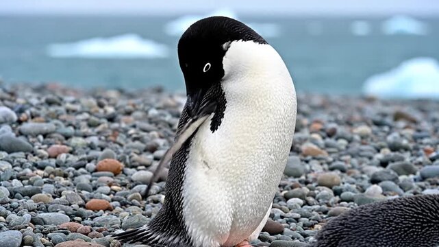 A black-and-white penguin preens its feathers on a pebbled beach, icebergs in the blurred background
