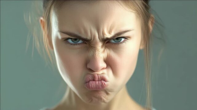 A young woman showing determination with her facial expression. She is frowning and squinting as if concentrating or expressing strong emotion. The captures a moment of intense focus or resolve.