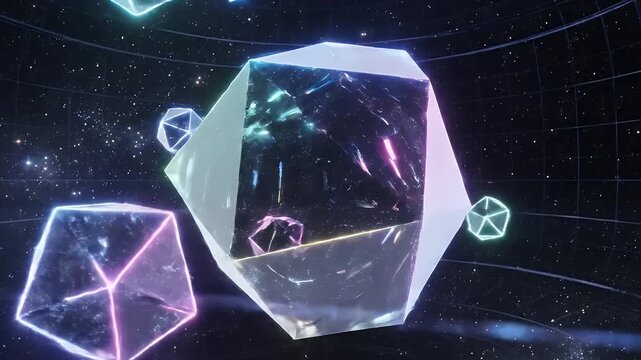 Stunning 3D Render of Geometric Shapes Floating in Space with Glowing Edges.