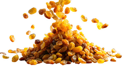 Golden raisins falling onto large pile in bright natural light close-up