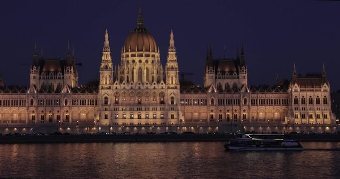 Budapest Parliament Building at Night, Tourist boat on the Danube