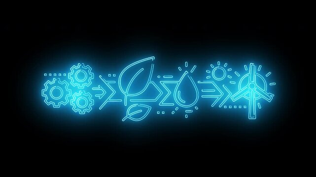 Neon blue graphic illustrating eco-friendly process from gears to sustainable energy on black background with white space