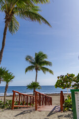 Red Wooden Ramp Leading to Tropical Beach with Palm Trees, Ocean, and Blue Sky &ndash; Tulum, Mexico