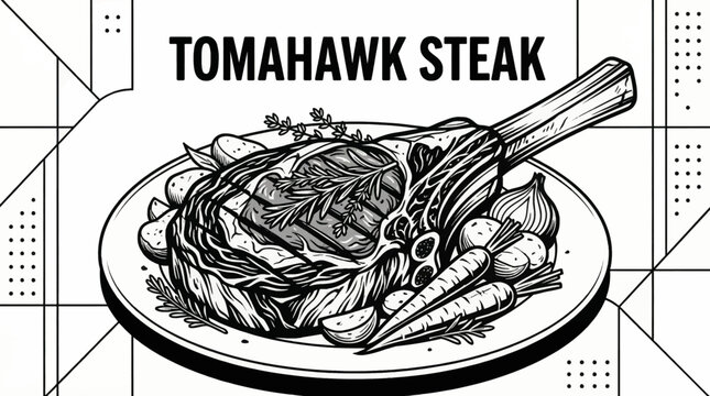 tomahawk steak featuring vegetable garnish and herb topping, designed for premium steakhouse visuals detailed black and white vector illustration