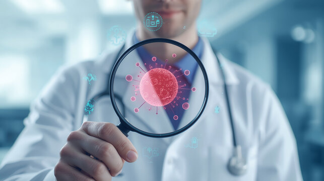A doctor in a lab coat, holding a magnifying glass, reveals a detailed red cancer cell illustration, symbolizing medical diagnosis and disease detection, in a modern healthcare concept.