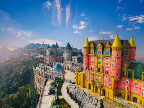 Ba na hills scenic view with colorful castles under blue sky in Da nang, Vietnam