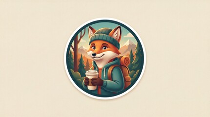 Fototapeta premium Cartoon fox in outdoor gear holds coffee cup in forest