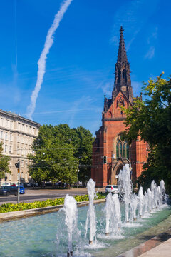 Facade of the Church of Jan Amos Comenius or Red Church in Brno, Czech Republic