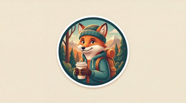 Cartoon fox in outdoor gear holds coffee cup in forest