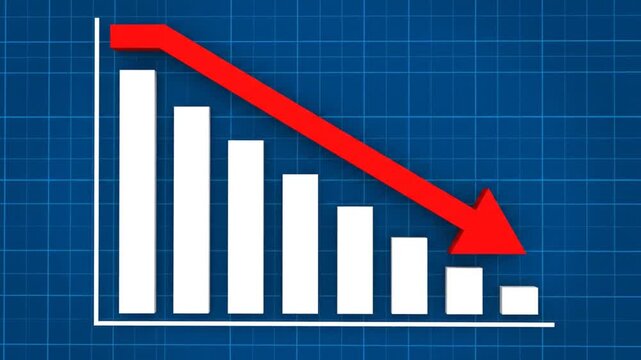 A blue grid background with a bar chart, with white bars decreasing and a red arrow down