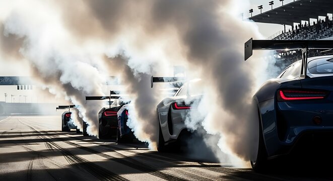 Row of high performance race cars warming tires creating massive plumes of smoke before a major drag competition begins