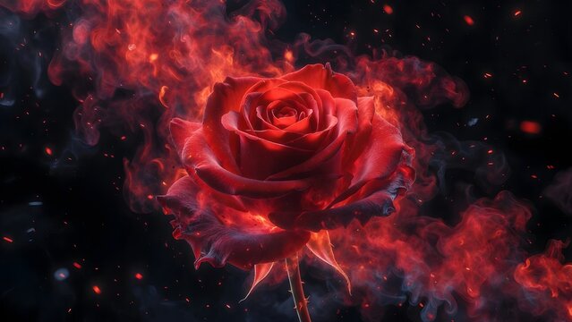 Red Rose Engulfed in Cinematic Fire and Smoke