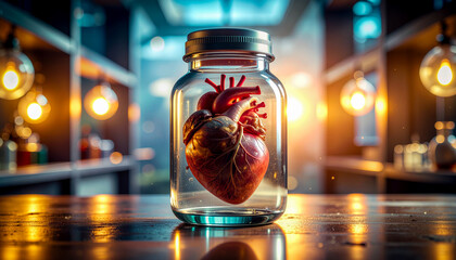 Human heart preserved in a glass medical jar with air bubbles, laboratory lighting, 8K, 2026