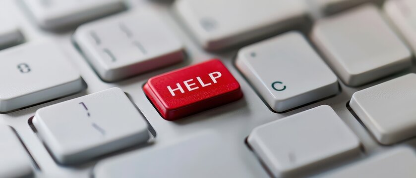 Close up of a red help key on a white computer keyboard. Concept of support, assistance, and online help desk in technology and customer service.