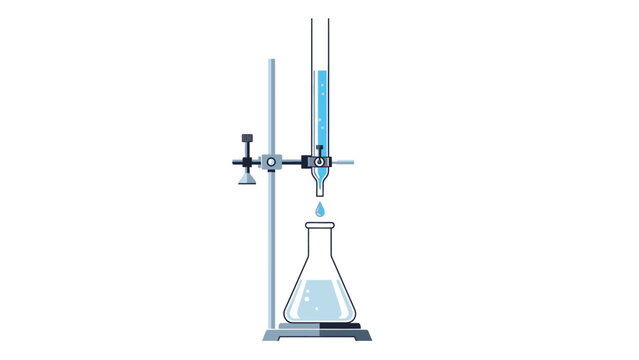 Laboratory equipment setup with a burette and Erlenmeyer flask on a stand against a white background with a scientific mood.