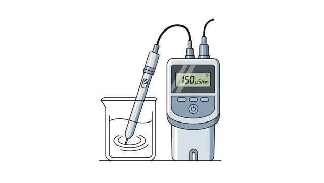 Digital illustration of a pH meter measuring acidity in a laboratory beaker with a clear liquid and electrode probe.