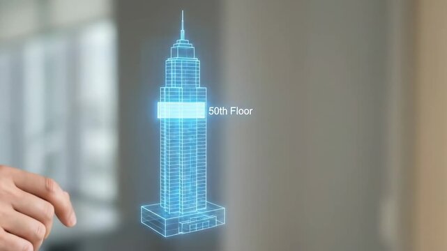 Man engaging with a virtual building hologram displaying a highlighted 50th floor, illustrating interactive architectural modeling