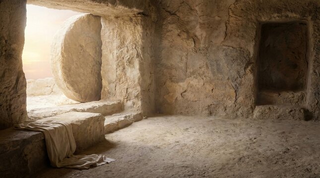 Empty tomb of Jesus at sunrise for Easter Sunday resurrection background
