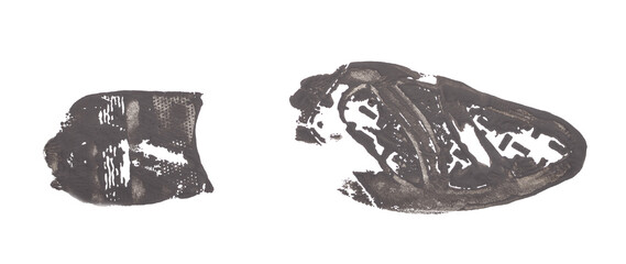 Black shoe print on white background.